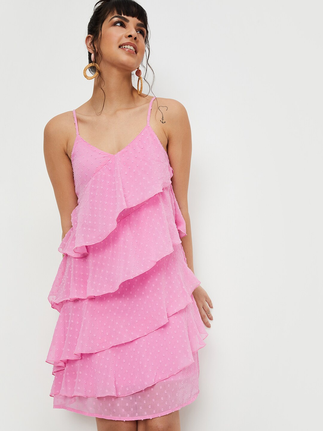 

max Self Design Ruffles A Line Dress, Pink