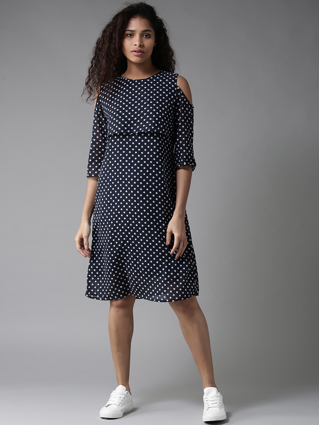 

HERE&NOW Women Navy & Off-White Printed A-Line Dress, Navy blue