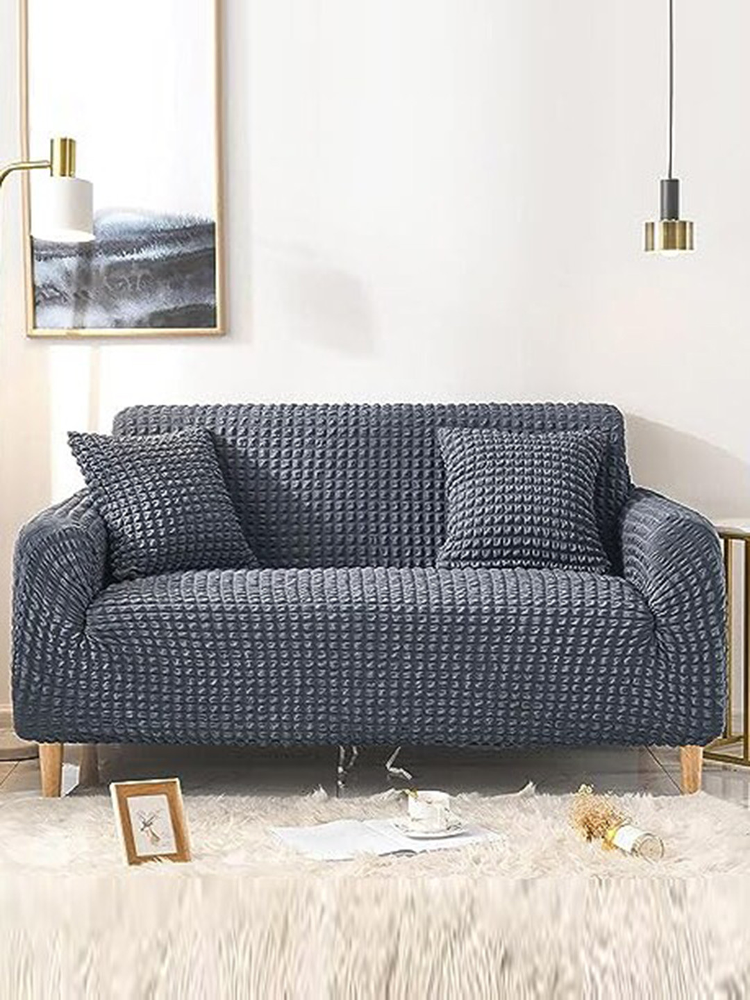 

HOUSE OF QUIRK Charcoal Grey Self-Design Bubble Sofa Cover