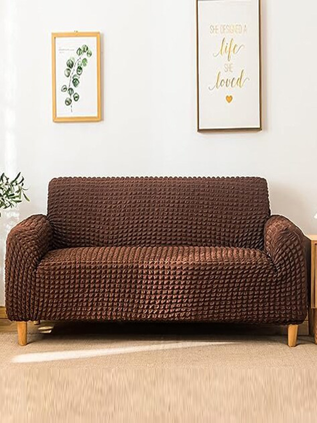 

HOUSE OF QUIRK Coffee Brown Self-Design Bubble 4 Seater Sofa Cover
