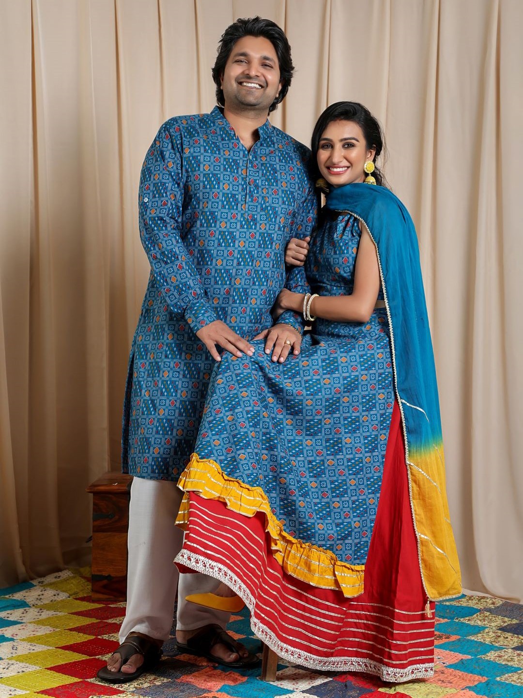 

AKS Ethnic Motifs Printed Band Collar Cotton Straight Kurta, Blue