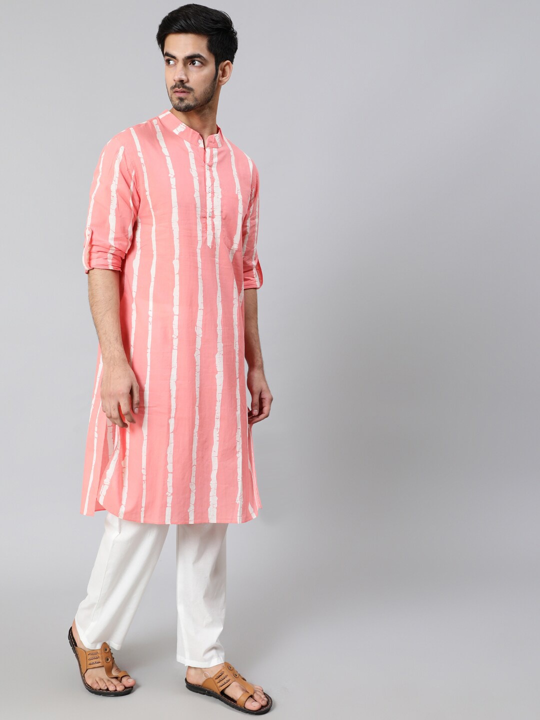 

AKS Men Striped Mandarin Collar Cotton Regular Kurta, Peach