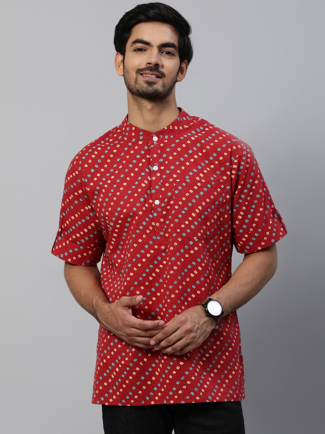 

AKS Bandhani Printed Band Collar Cotton Regular Kurta, Red