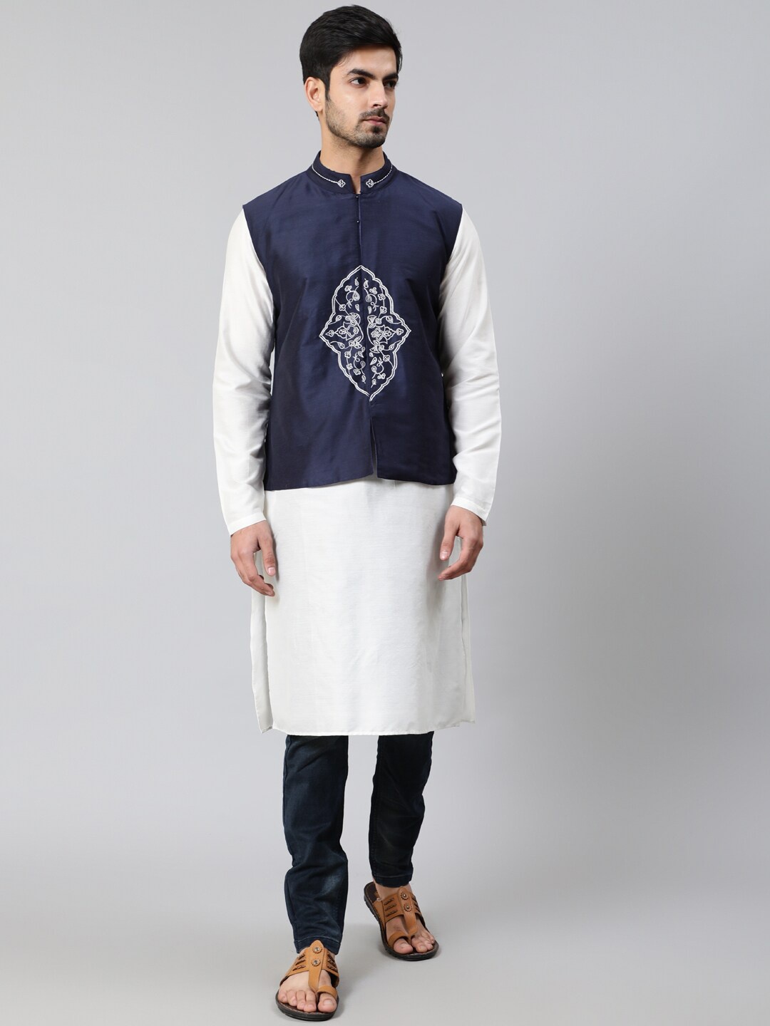 

AKS Straight Cotton Kurta With Embroidered Nehru Jacket, White