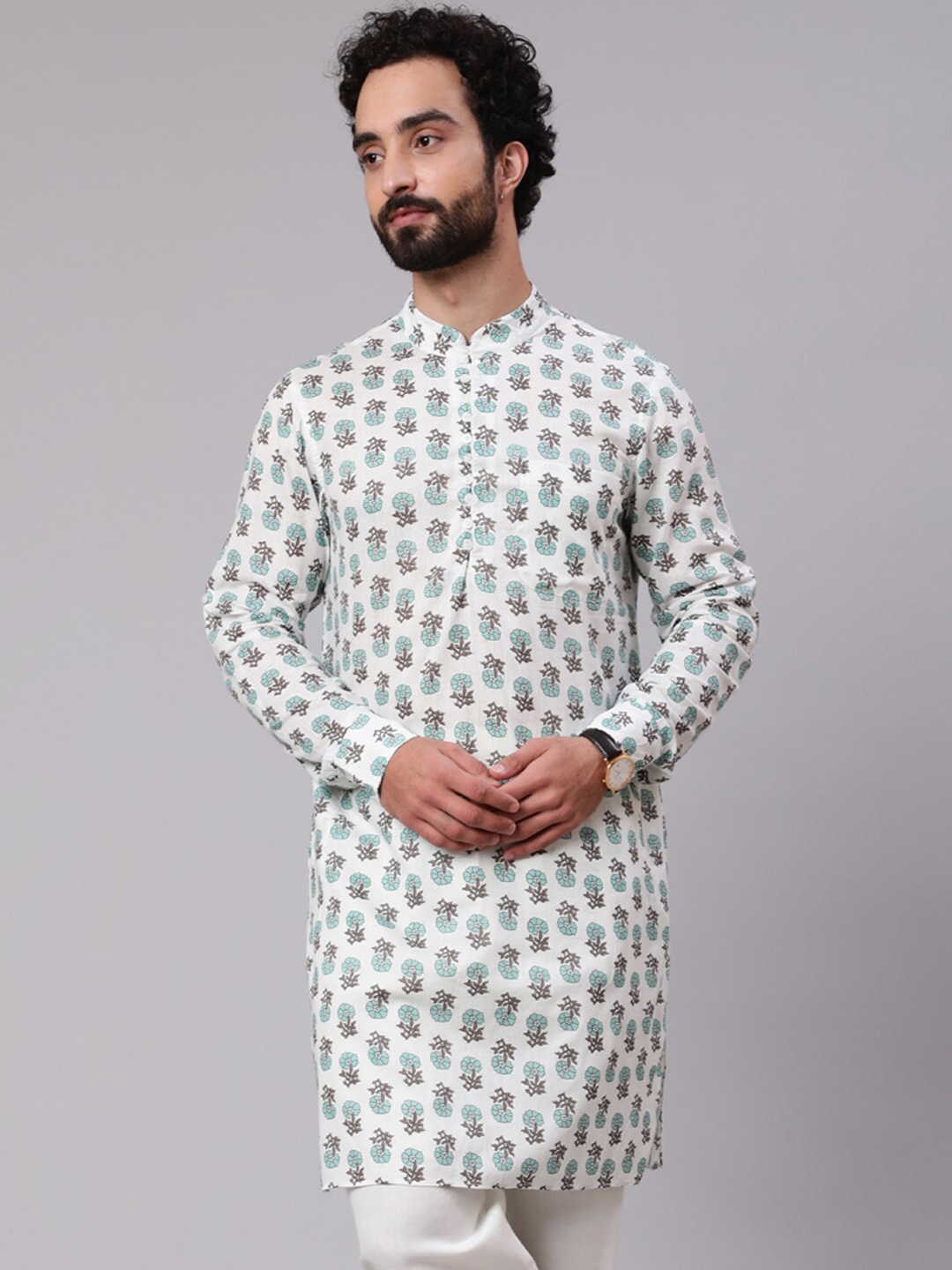 

AKS Ethnic Motifs Printed Mandarin Collar Cotton Straight Kurta, White