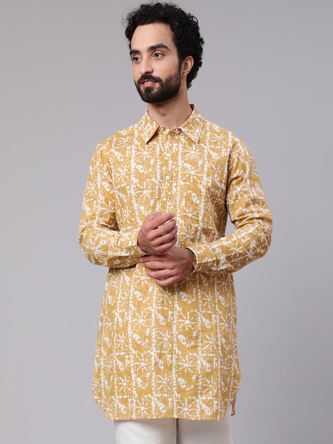 

AKS Abstract Printed Shirt Collar Cotton Kurta, Yellow