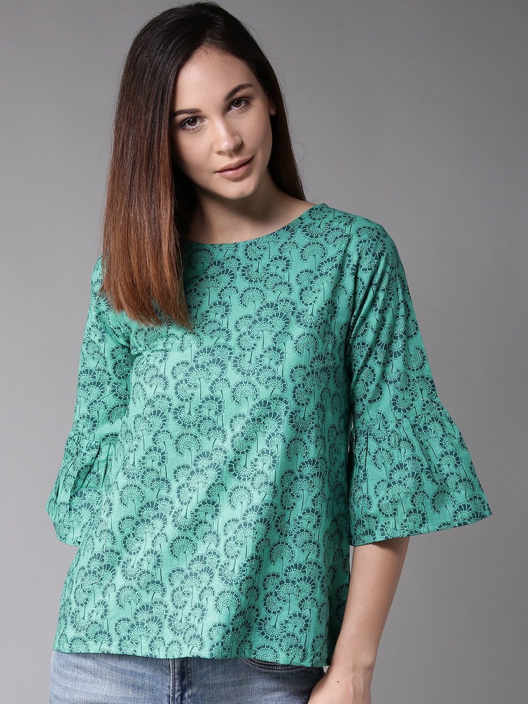 

HERE&NOW Women Green Printed Pure Cotton Top
