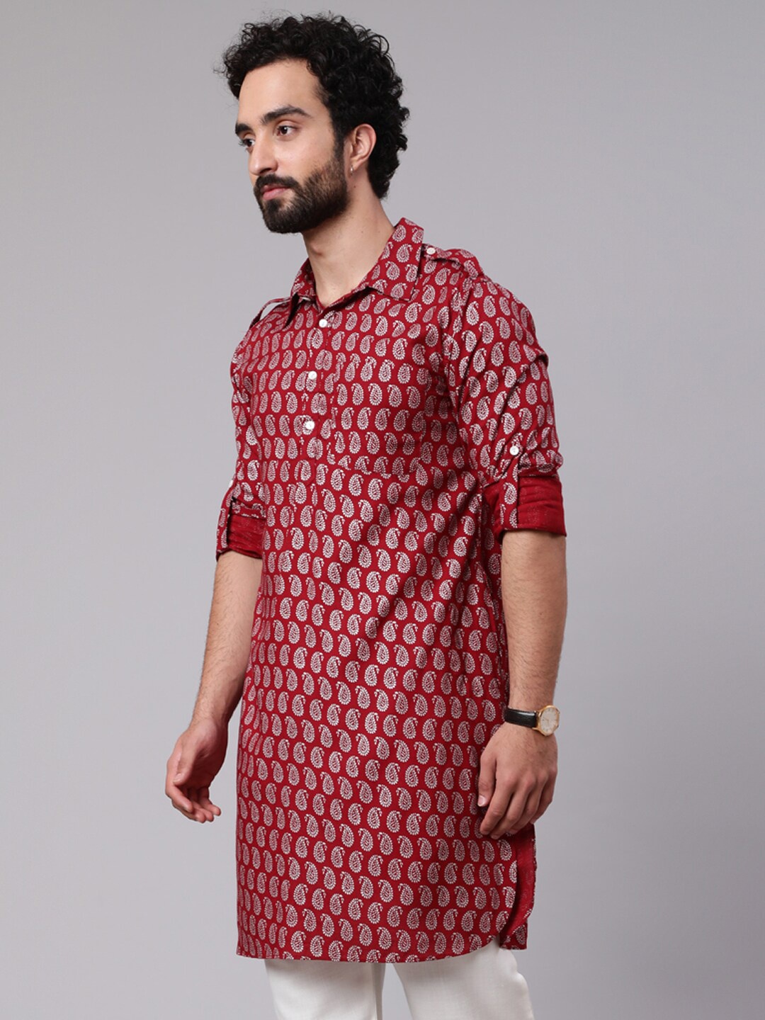 

AKS Paisley Printed Shirt Collar Pathani Kurta, Maroon