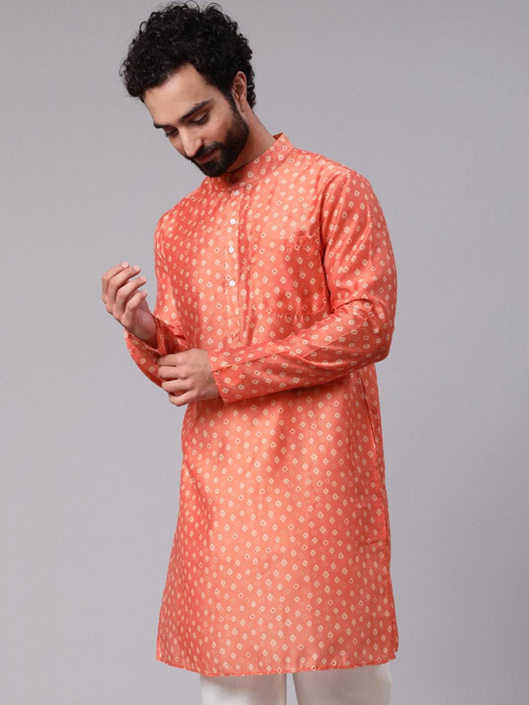 

AKS Ethnic Motifs Printed Mandarin Collar Chanderi Silk Straight Kurta, Orange