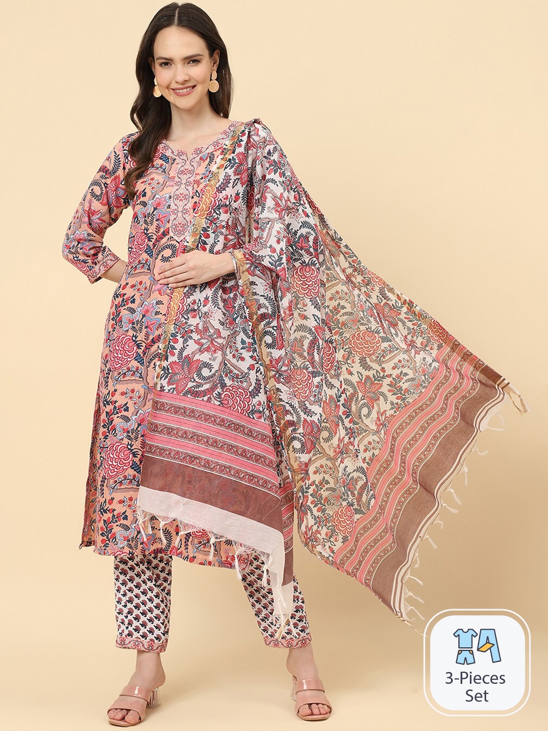 

KALINI Floral Printed Regular Kurta With Trousers & Dupatta, Pink