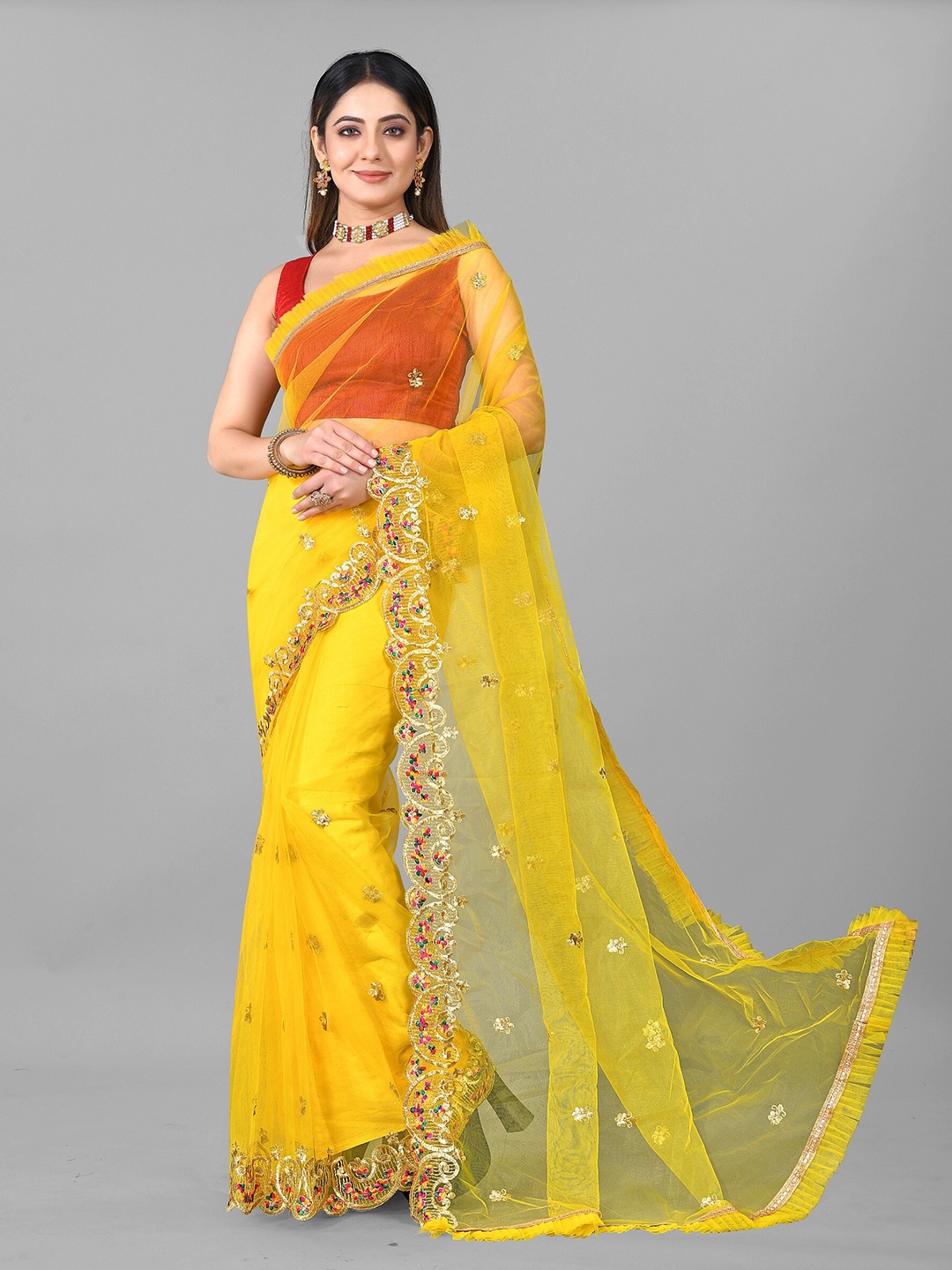 

BARKIYA CREATION Ethnic Motifs Embroidered Saree, Yellow