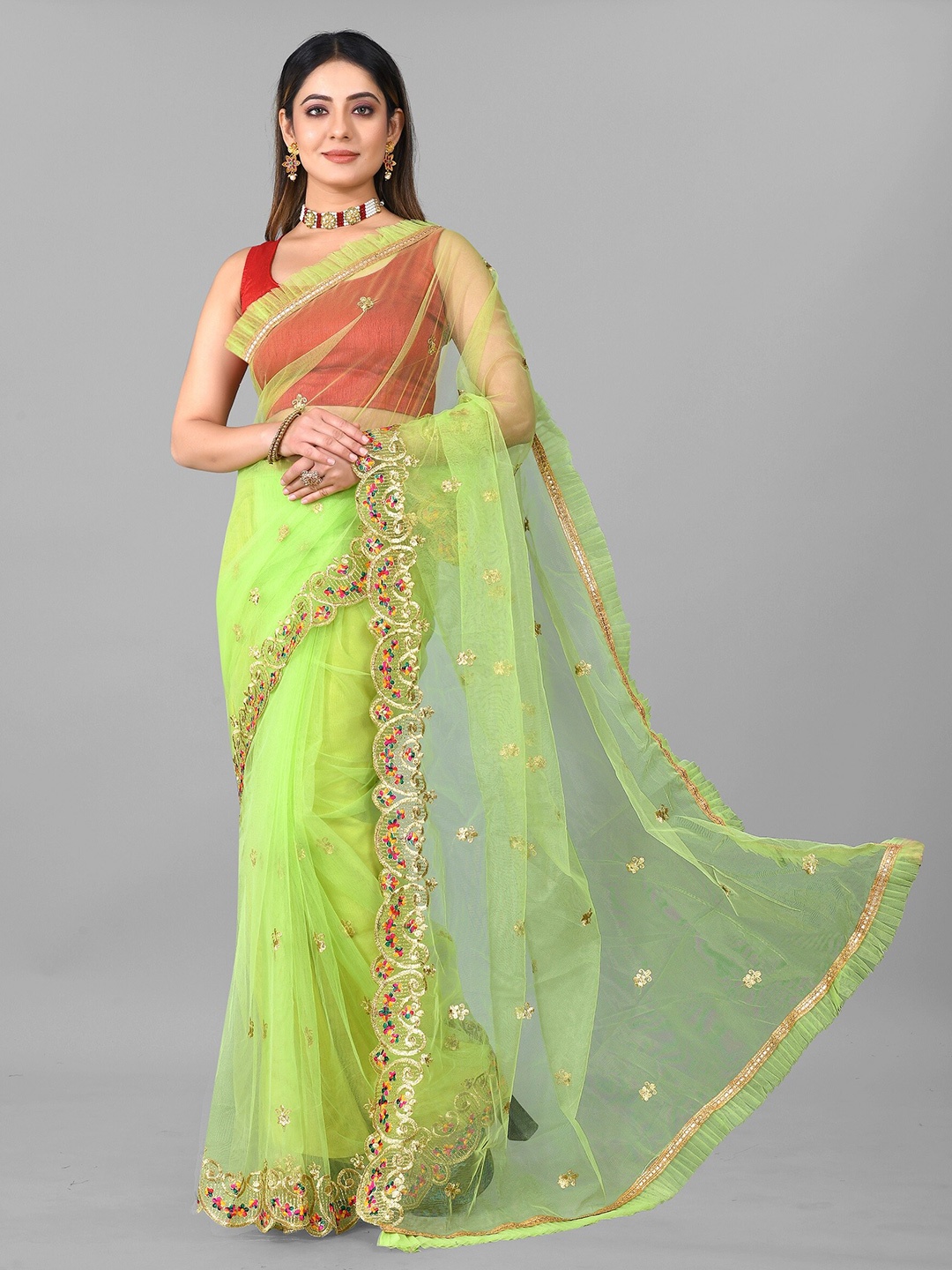 

BARKIYA CREATION Ethnic Motifs Embellished Embroidered Saree, Green