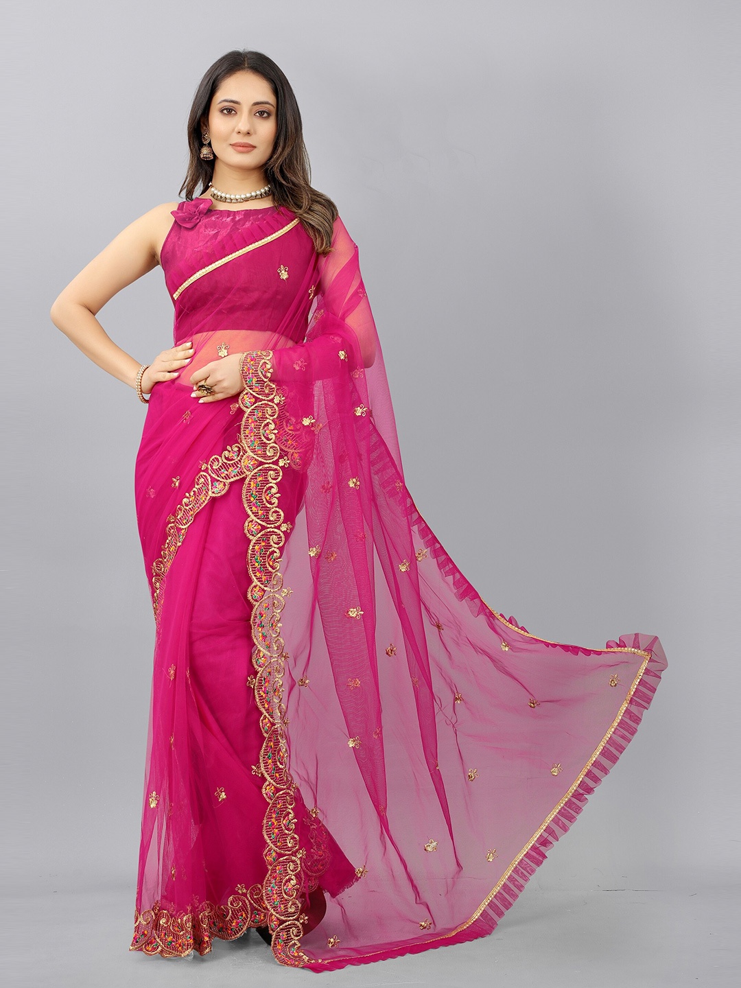 

BARKIYA CREATION Ethnic Motifs Embroidered Saree, Pink