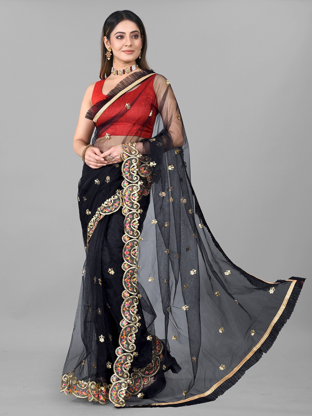 

BARKIYA CREATION Ethnic Motifs Embroidered Saree, Black