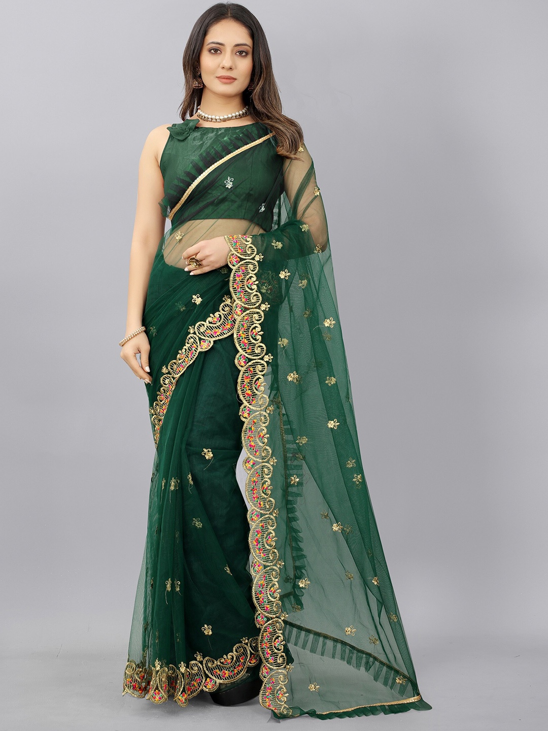 

BARKIYA CREATION Ethnic Motifs Embroidered Saree, Green