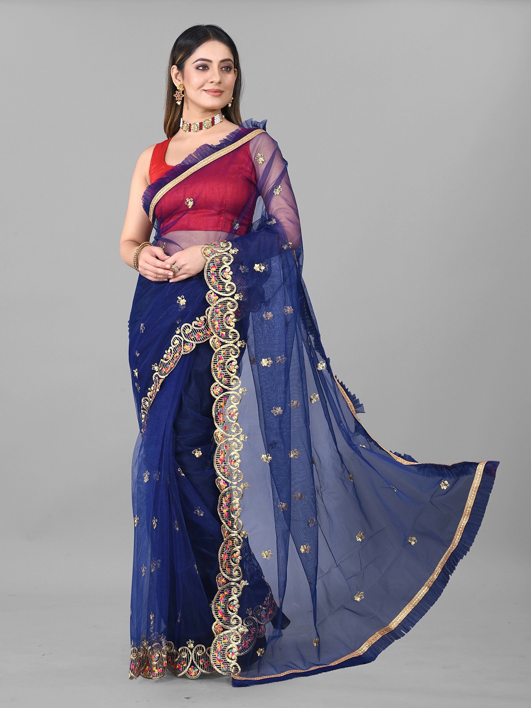 

BARKIYA CREATION Ethnic Motifs Embroidered Saree, Blue