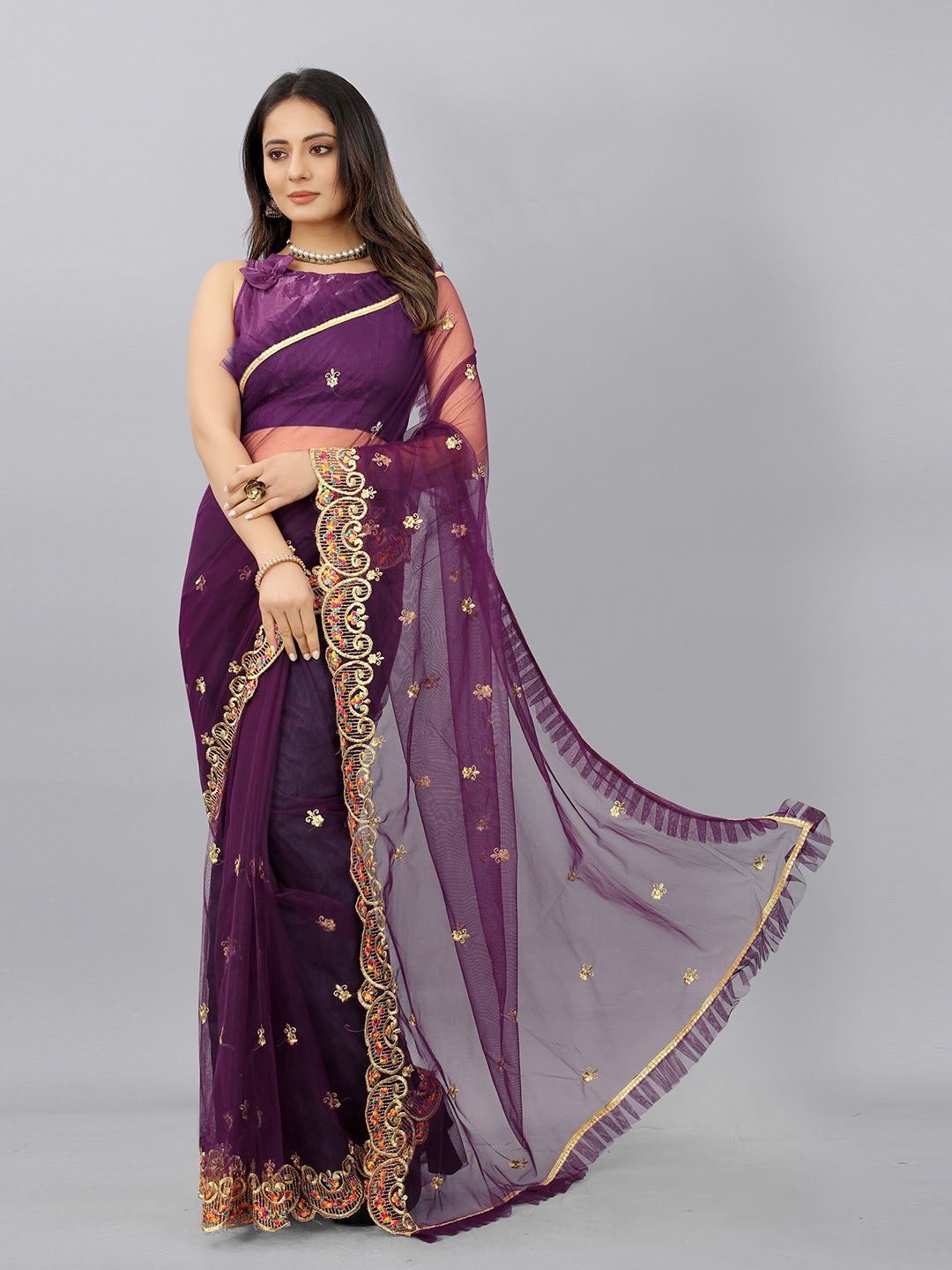 

BARKIYA CREATION Ethnic Motifs Embroidered Zari Saree, Purple