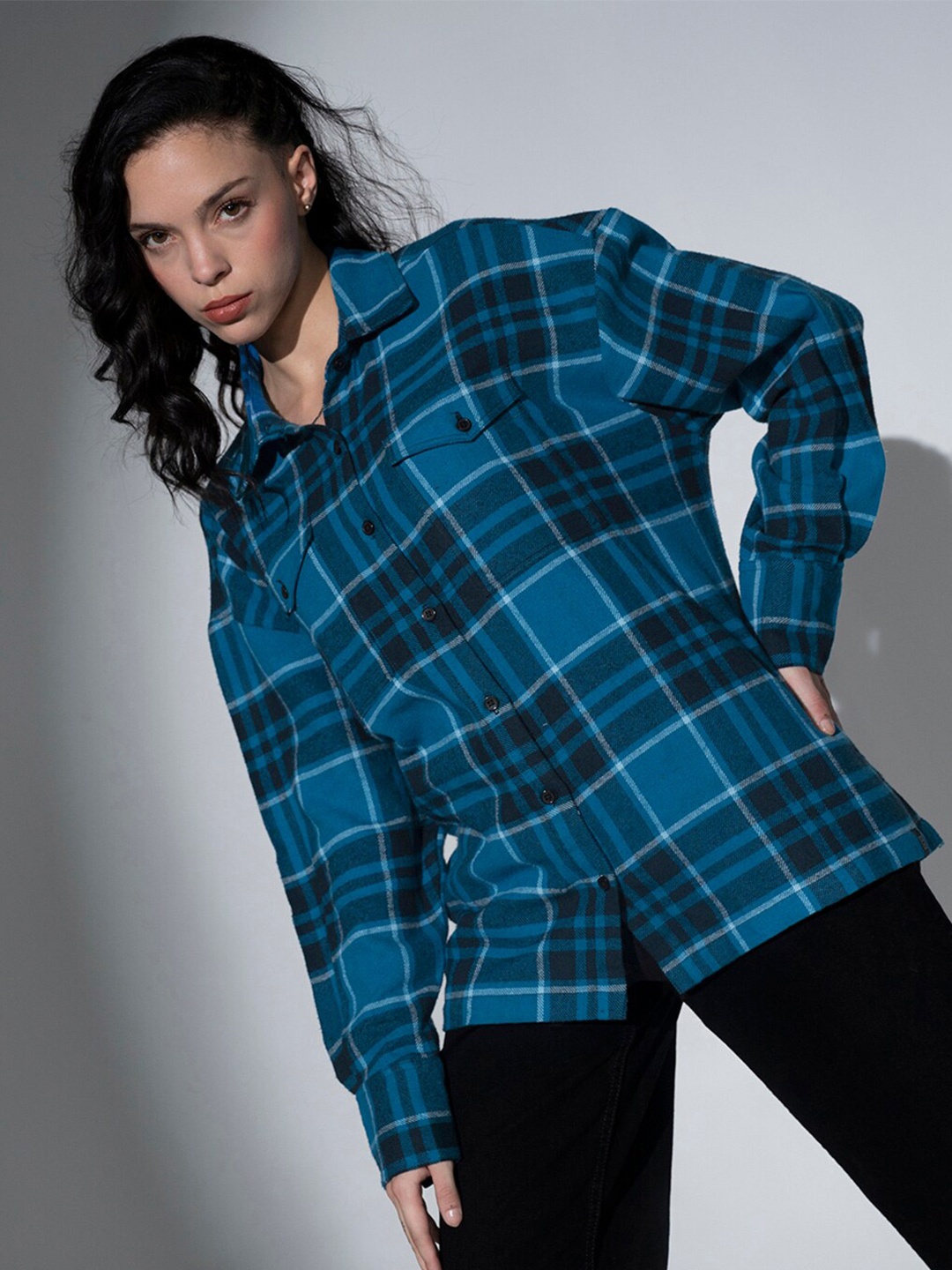 

Hubberholme Oversized Tartan Checked Spread Collar Chest Pocket Pure Cotton Casual Shirt, Blue