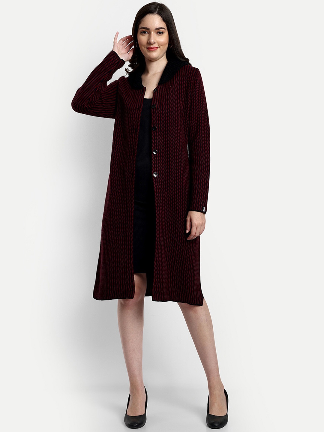 

CREATIVE LINE Self Design Knitted Longline Woollen Over Coat, Maroon