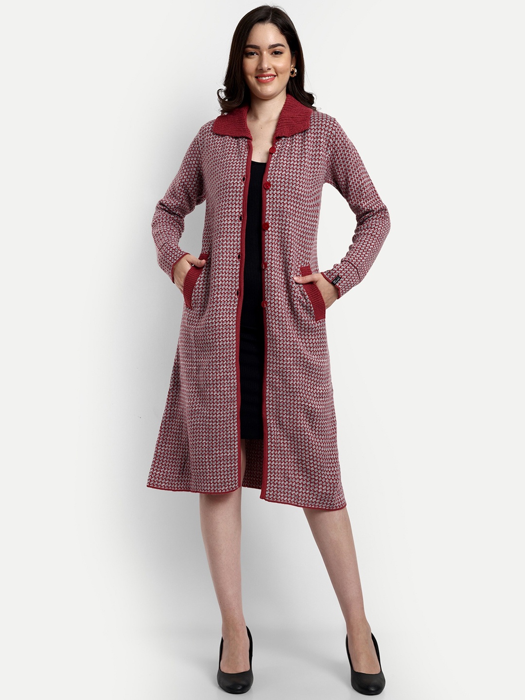 

CREATIVE LINE Self Design Spread Collar Woolen Longline Over Coat, Red