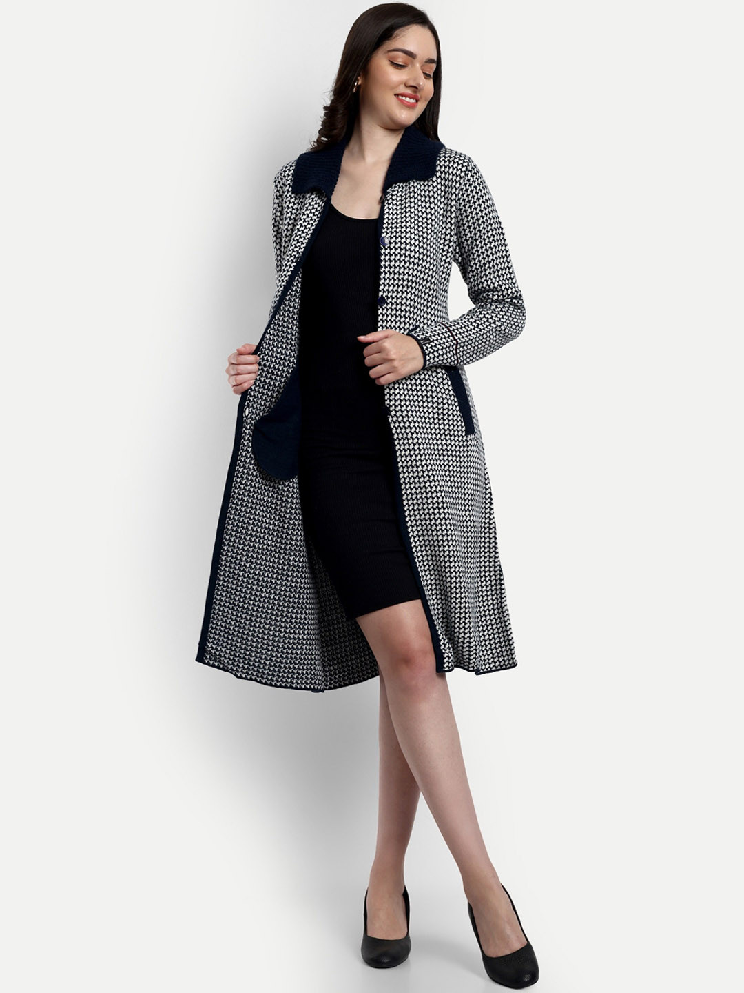 

CREATIVE LINE Self Design Spread Collar Woolen Longline Over Coat, Navy blue