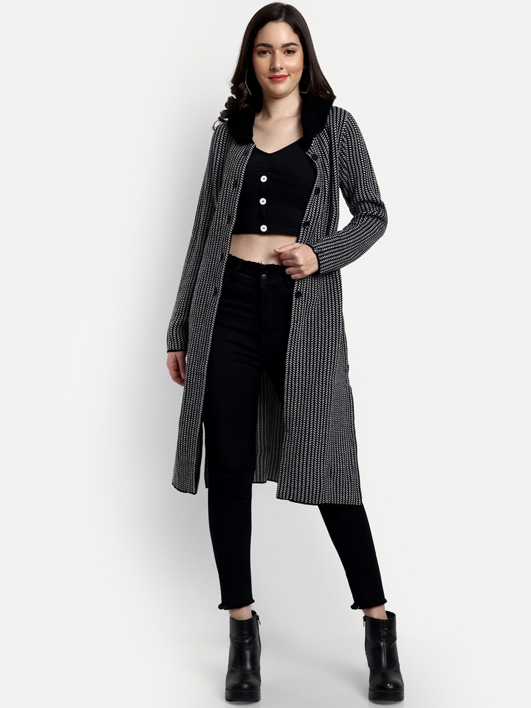 

CREATIVE LINE Self Design Knitted Woollen Longline Over Coat, White
