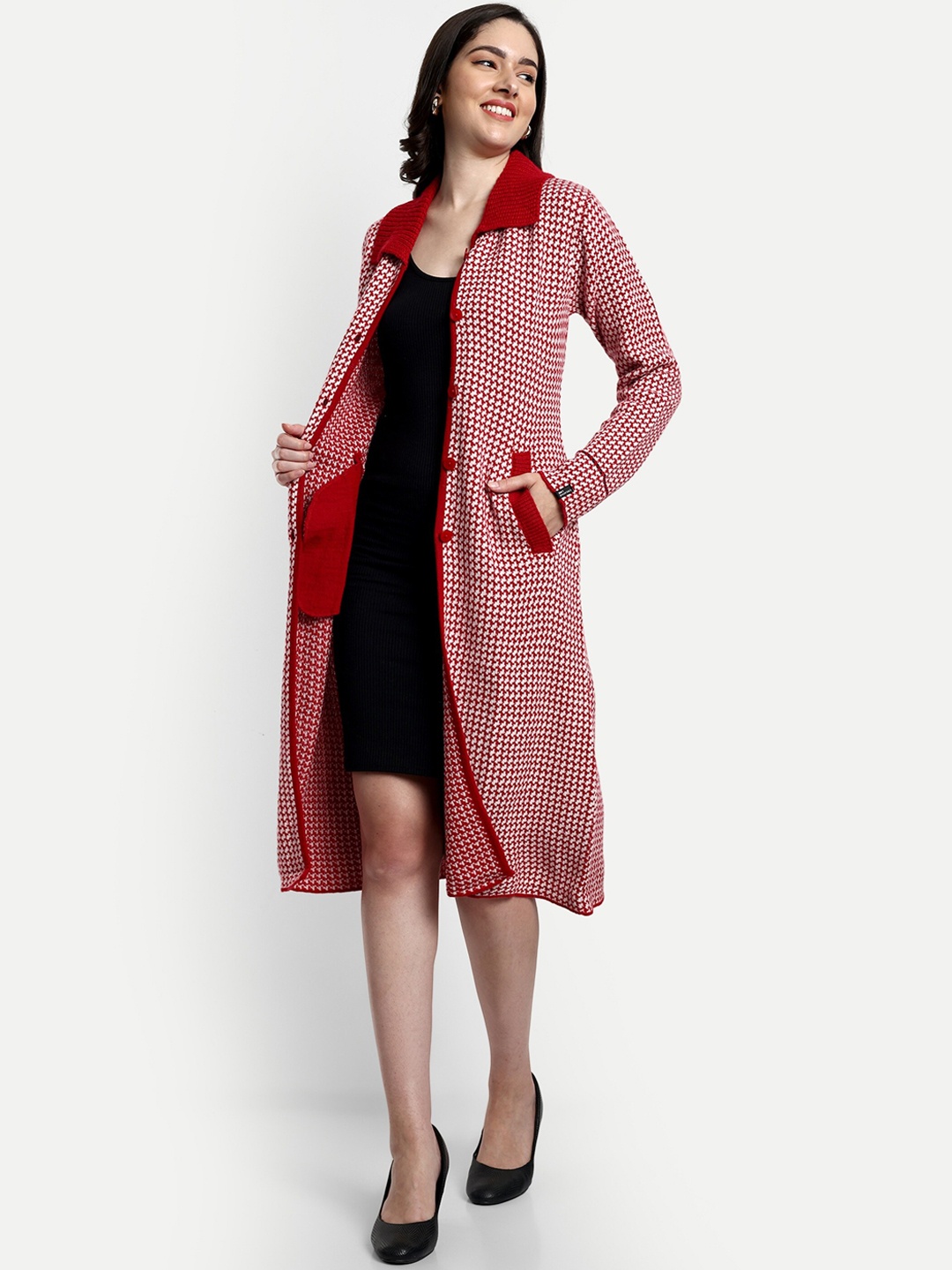 

CREATIVE LINE Self Design Knitted Woollen Longline Over Coat, Red