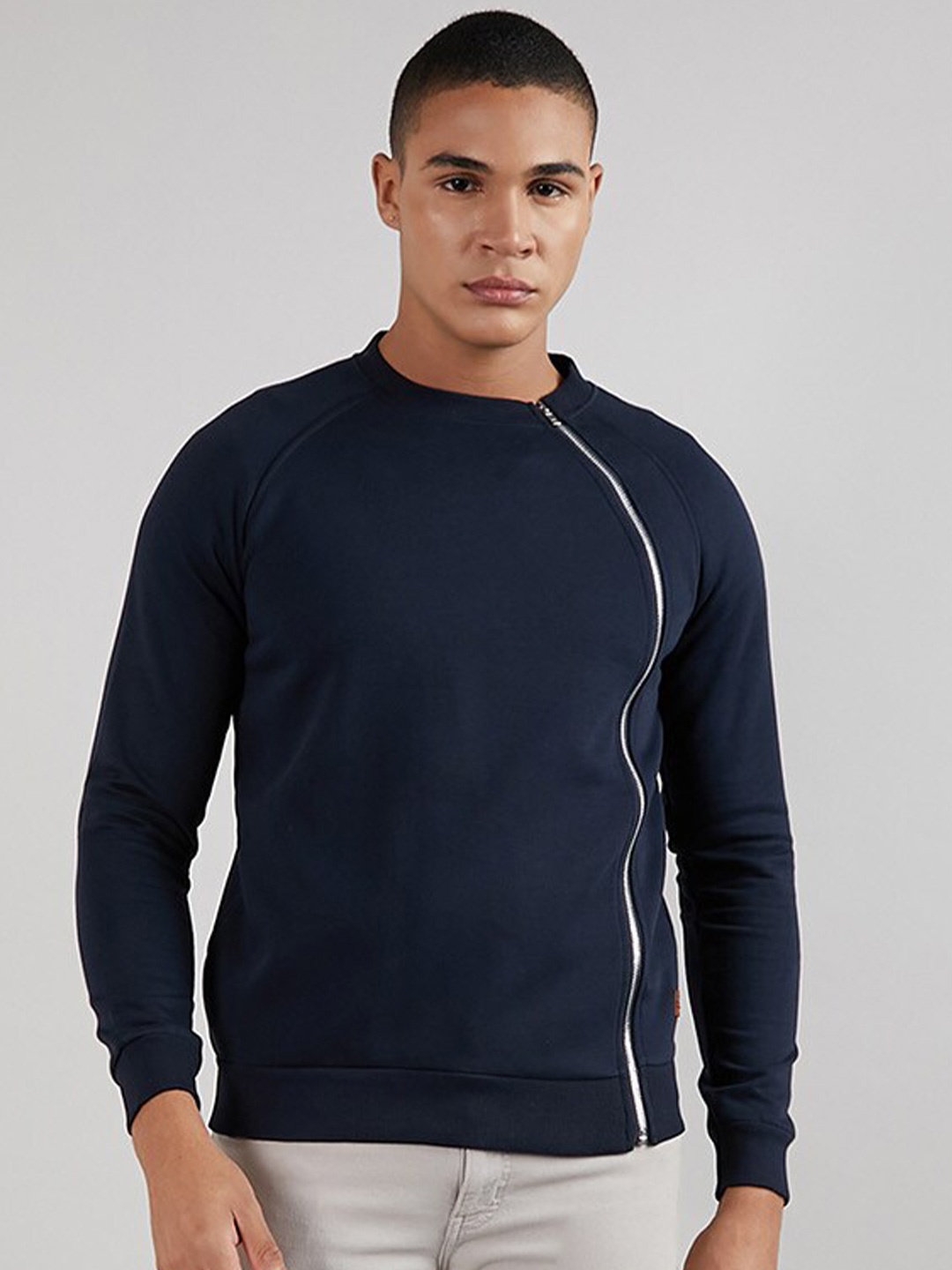 

Campus Sutra High Neck Cotton Front-Open Sweatshirt, Navy blue