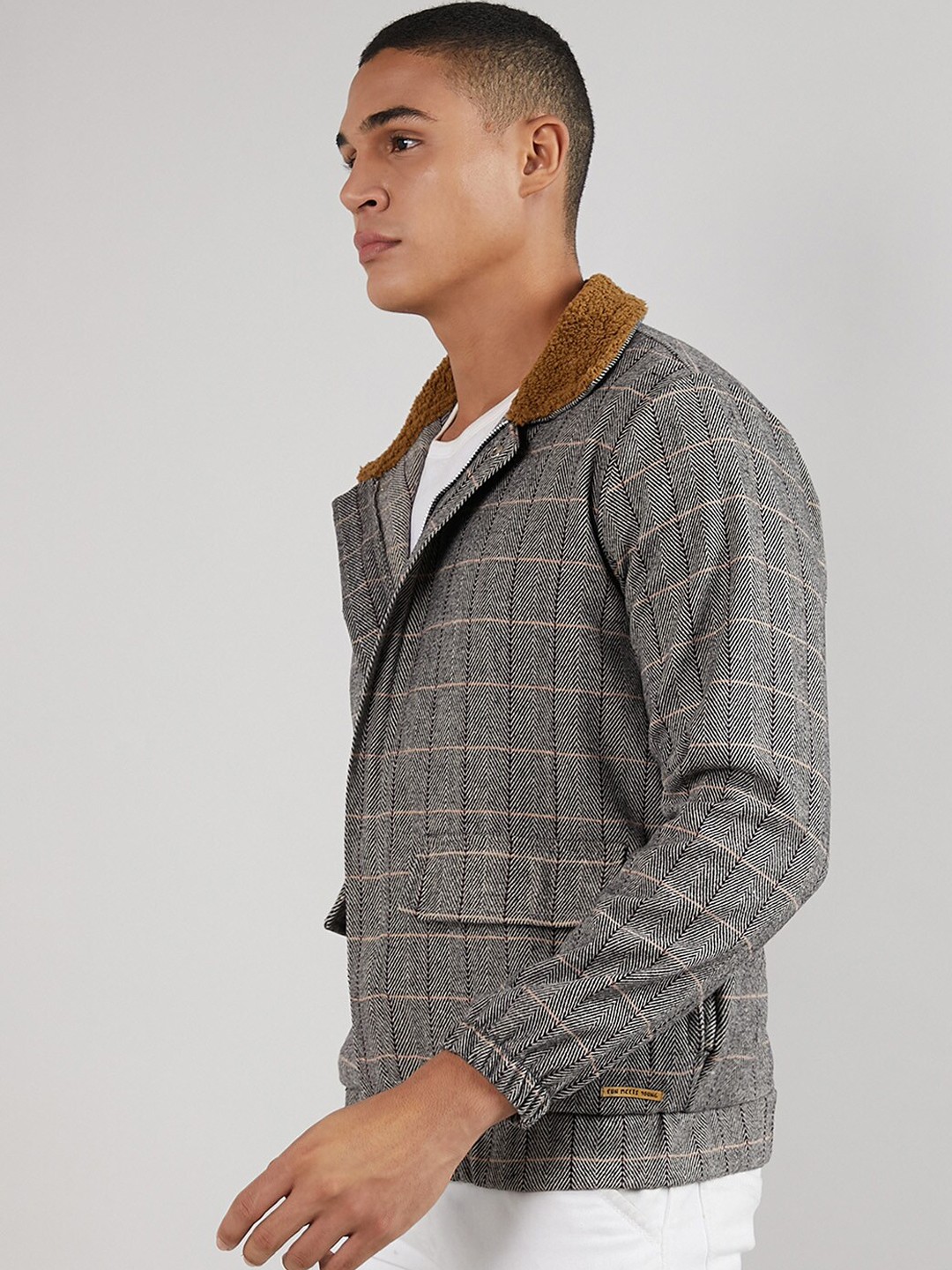 

Campus Sutra Winter Wear Geometric Printed Windcheater Cotton Tailored Jacket, Grey