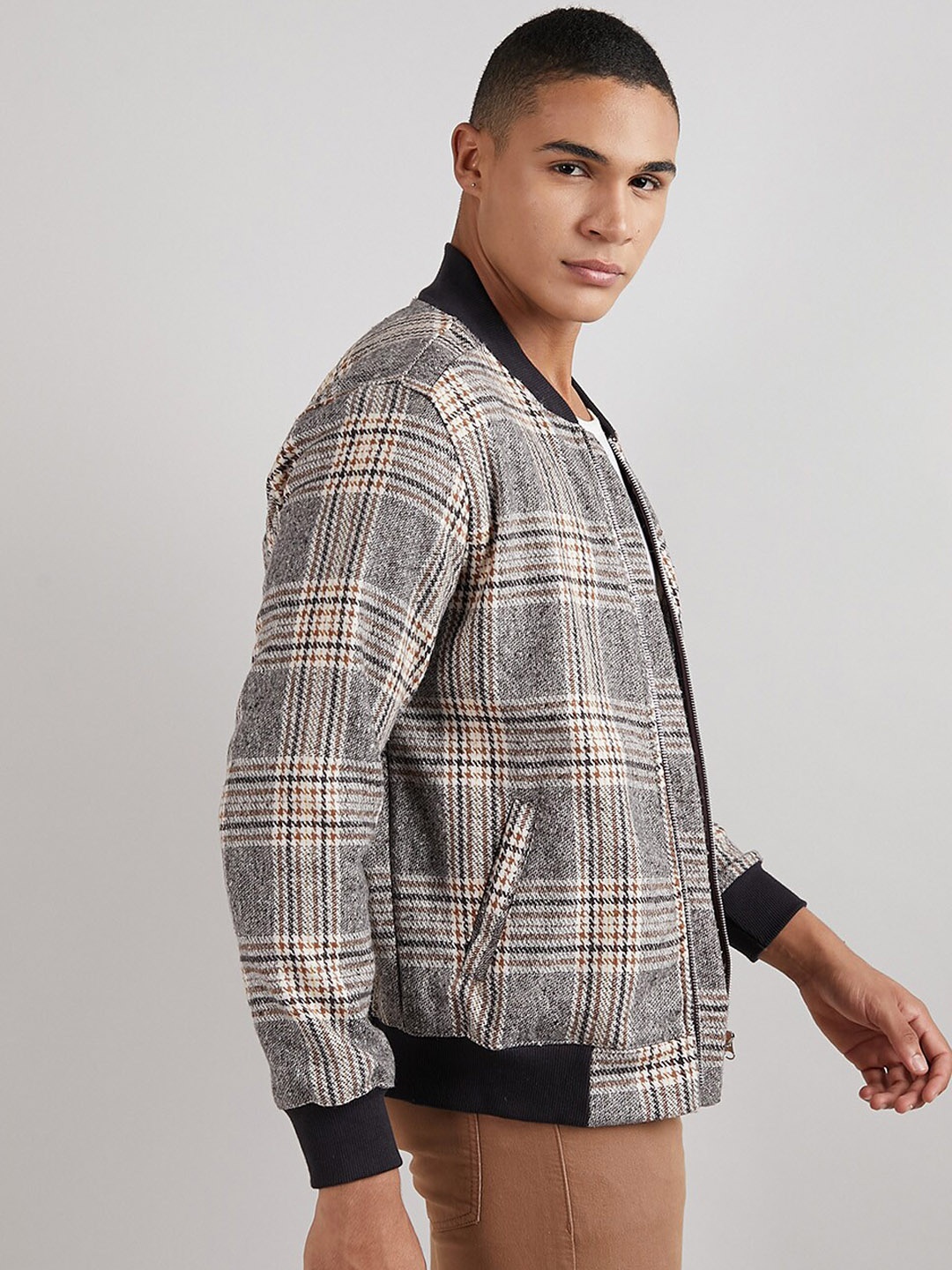 

Campus Sutra Grey Checked Windcheater Cotton Bomber Jacket
