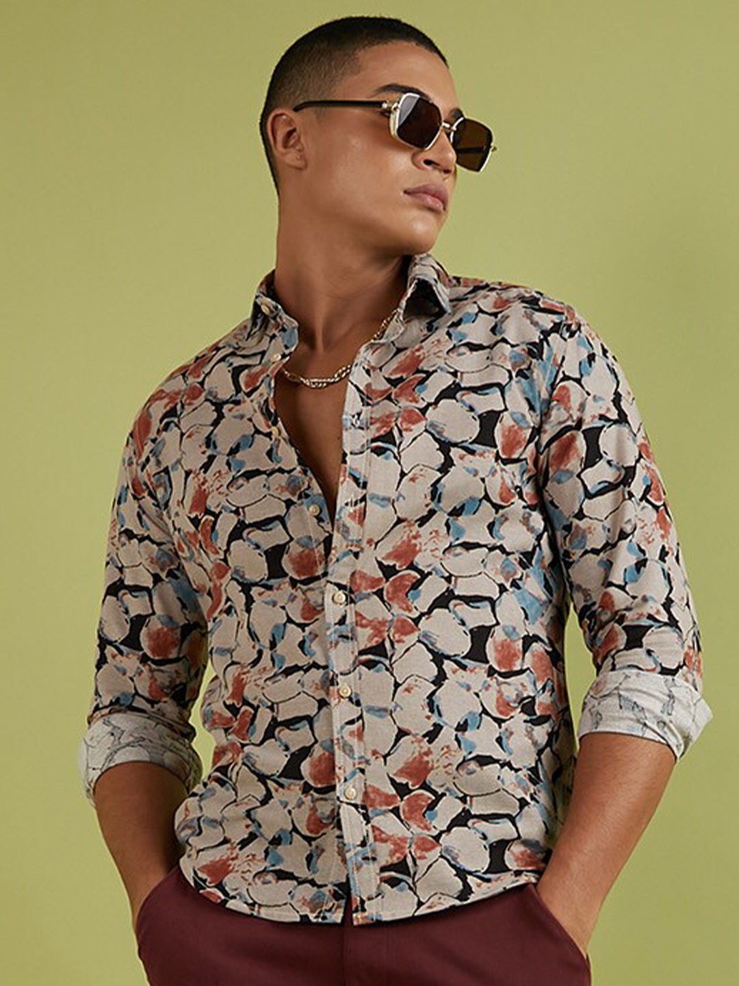 

Campus Sutra Classic Abstract Printed Spread Collar Long Sleeve Cotton Casual Shirt, Beige