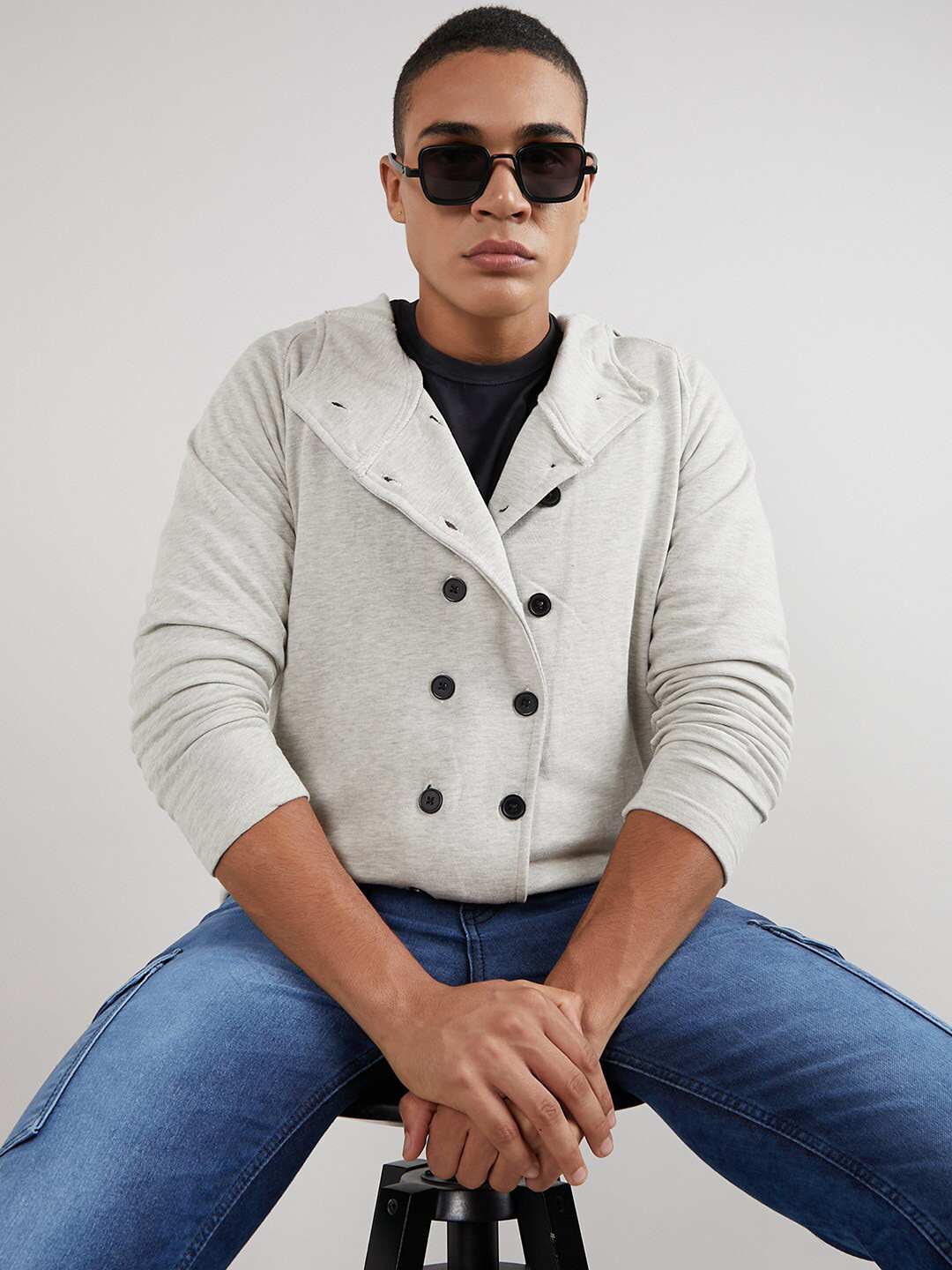 

Campus Sutra Hooded Windcheater Cotton Open Front Jacket, Grey