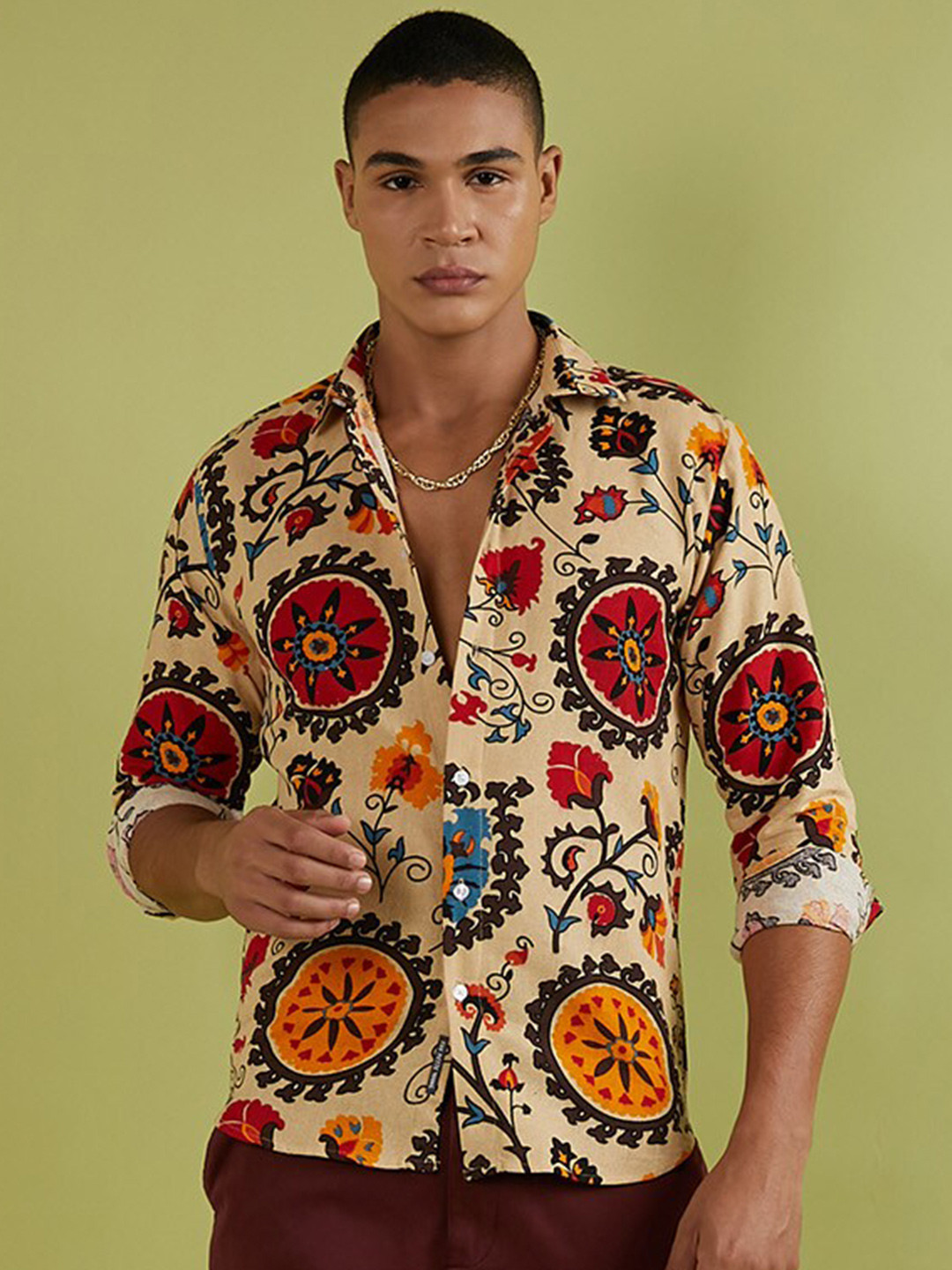

Campus Sutra Classic Ethnic Motifs Printed Spread Collar Long Sleeve Cotton Casual Shirt, Beige