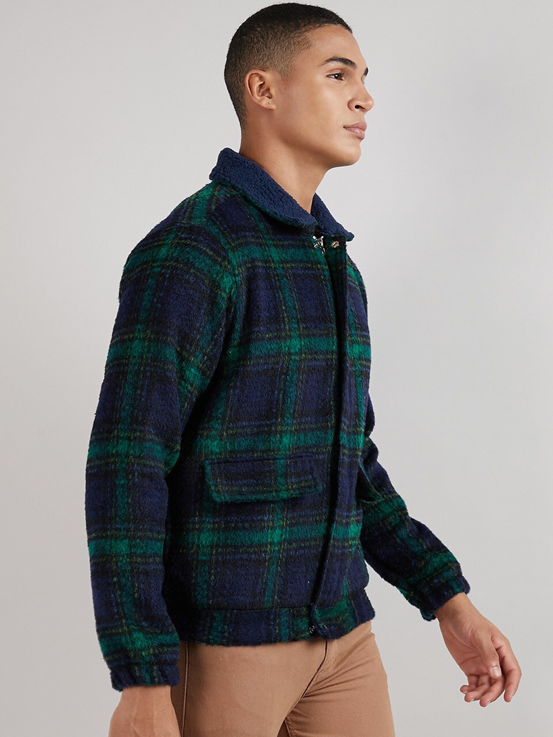 

Campus Sutra Men Navy Blue Checked Windcheater Bomber Jacket