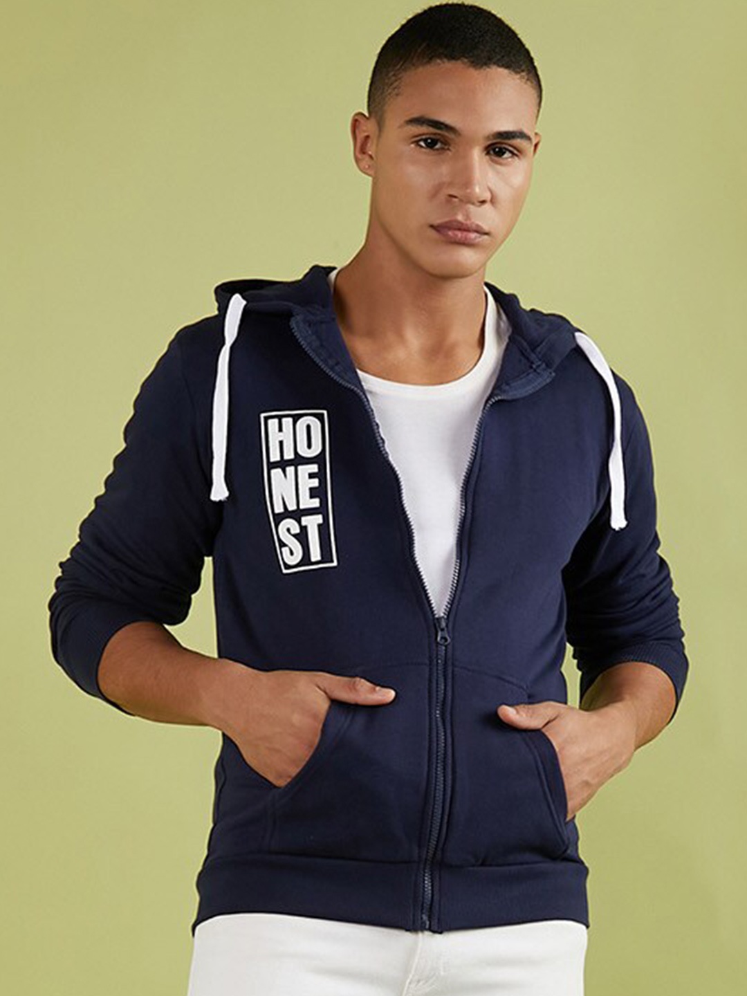 

Campus Sutra Typography Printed Hooded Cotton Front-Open Sweatshirt, Navy blue