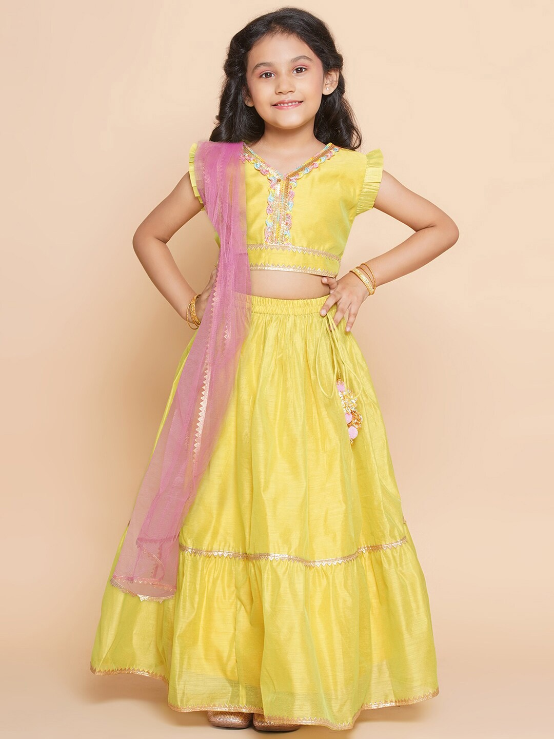 

Modish Couture Girls Embellished V-Neck Ready to Wear Lehenga & Blouse With Dupatta, Mustard