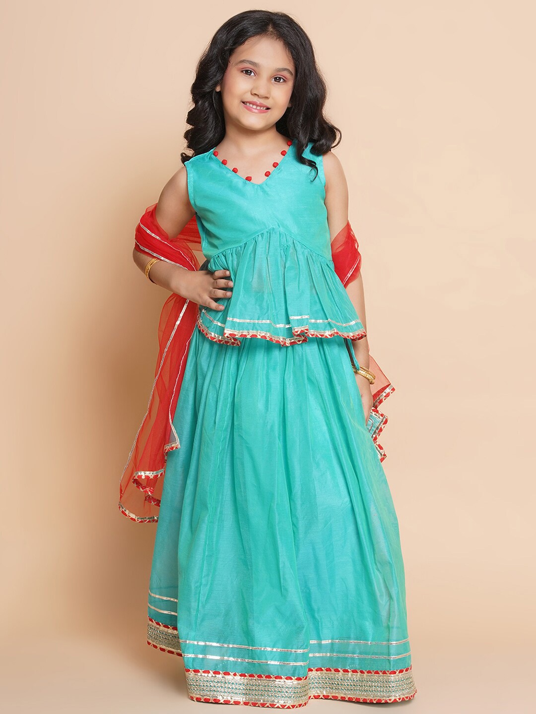 

Modish Couture Girls V-Neck Ready to Wear Lehenga & Blouse With Dupatta, Green