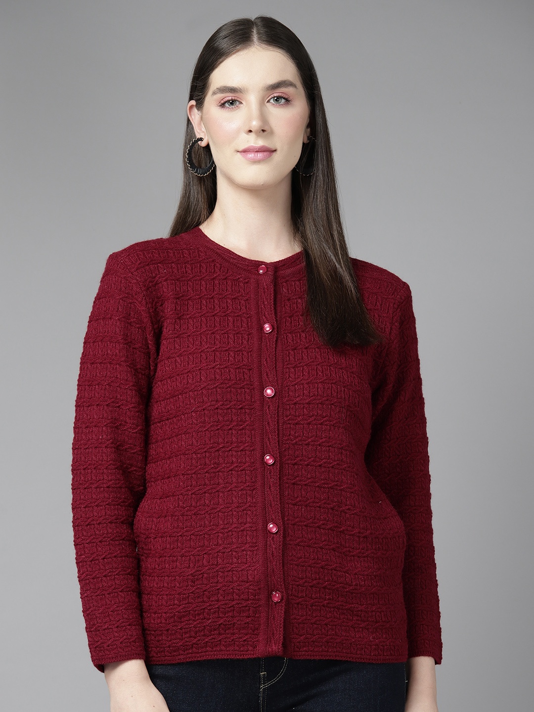 

Cayman Women Cable Knit Woollen Cardigan, Maroon