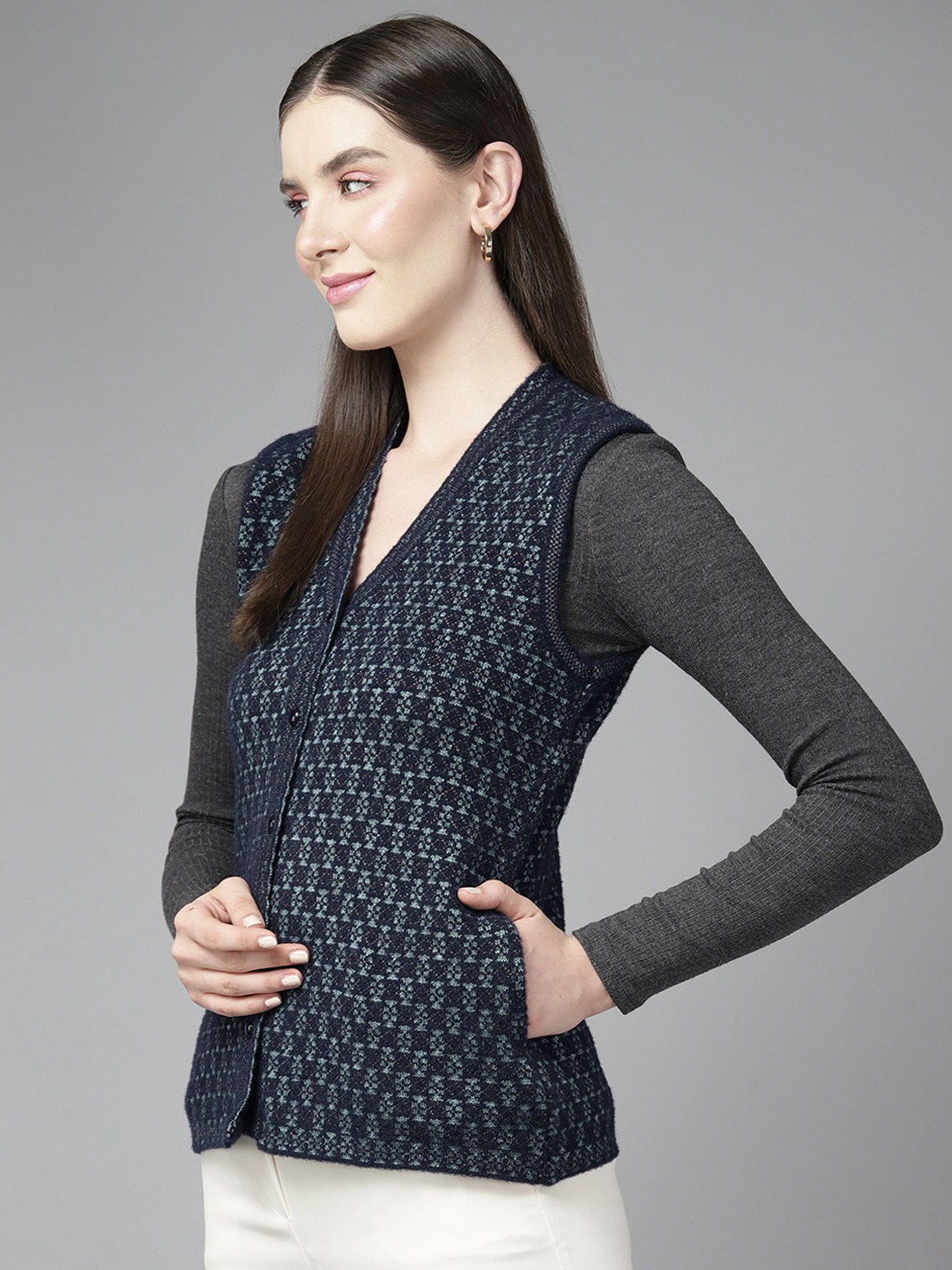 

Cayman Women Self Design Woollen Sweater Vest, Navy blue