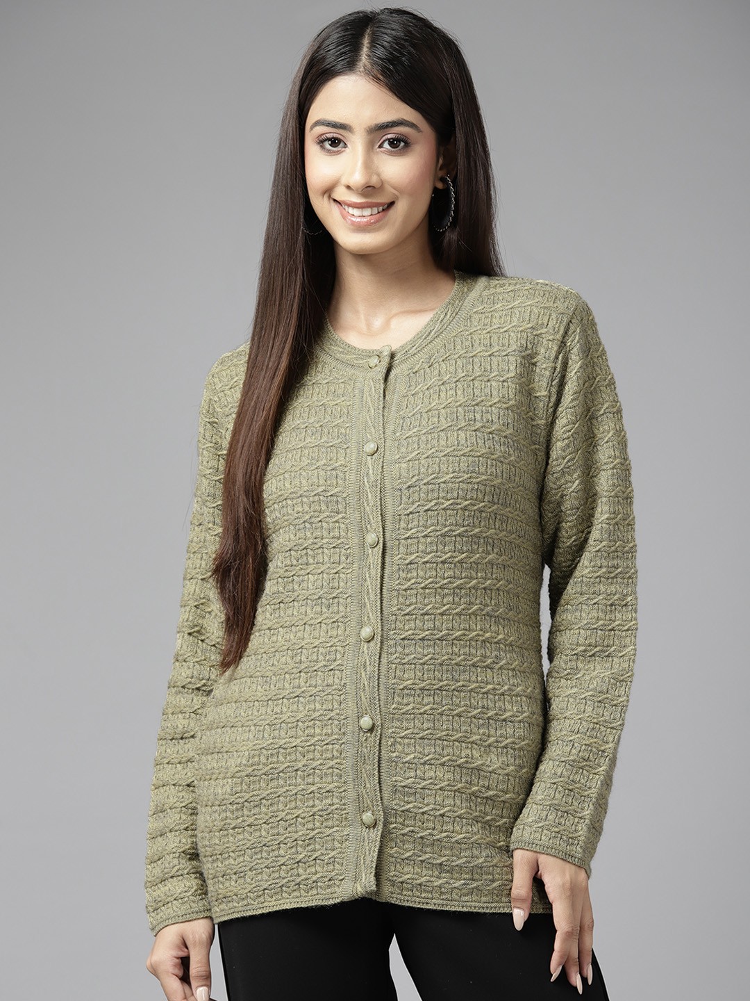 

Cayman Women Cable Knit Woollen Cardigan, Olive