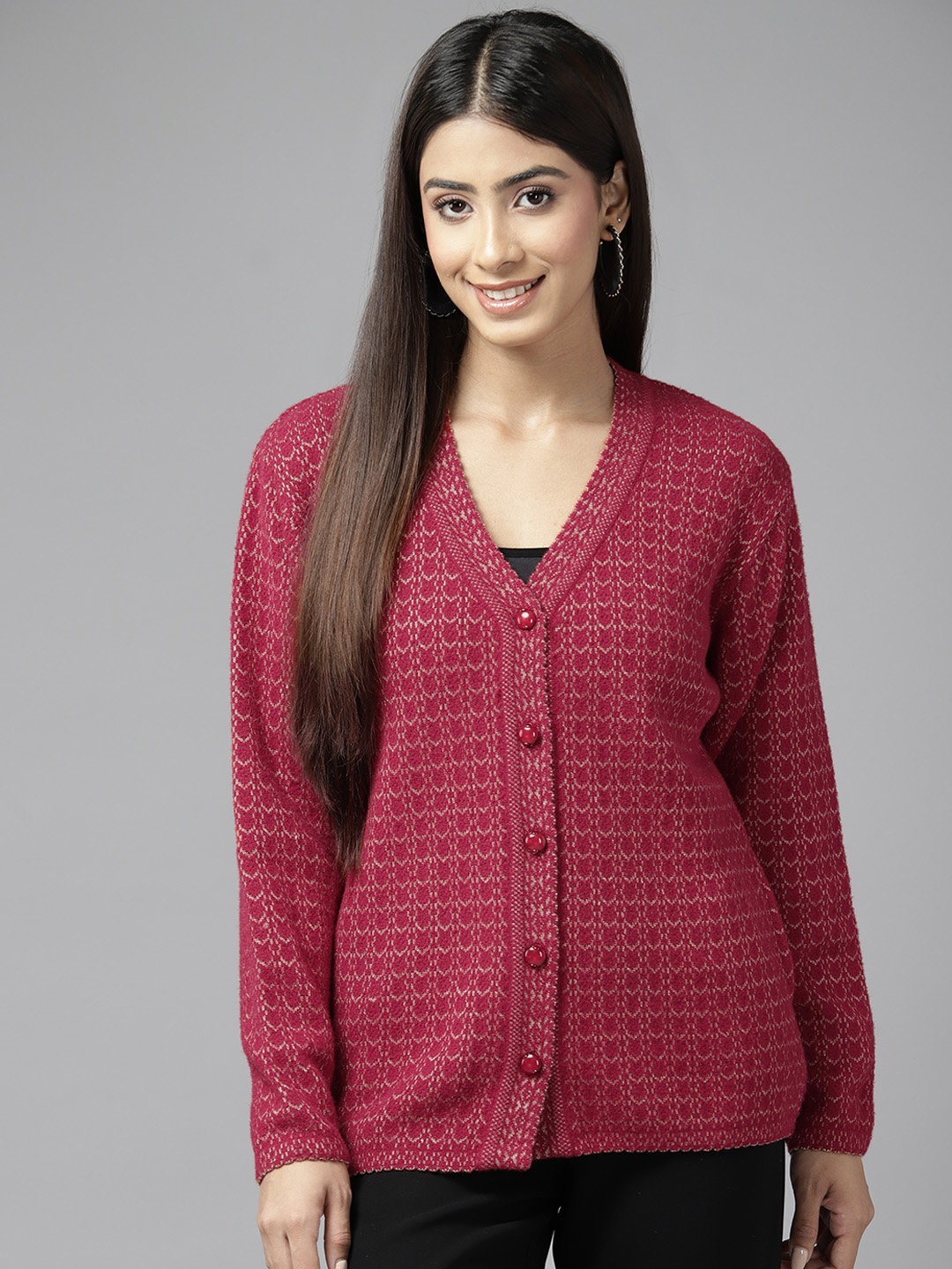 

Cayman Women Printed Woollen Cardigan, Red