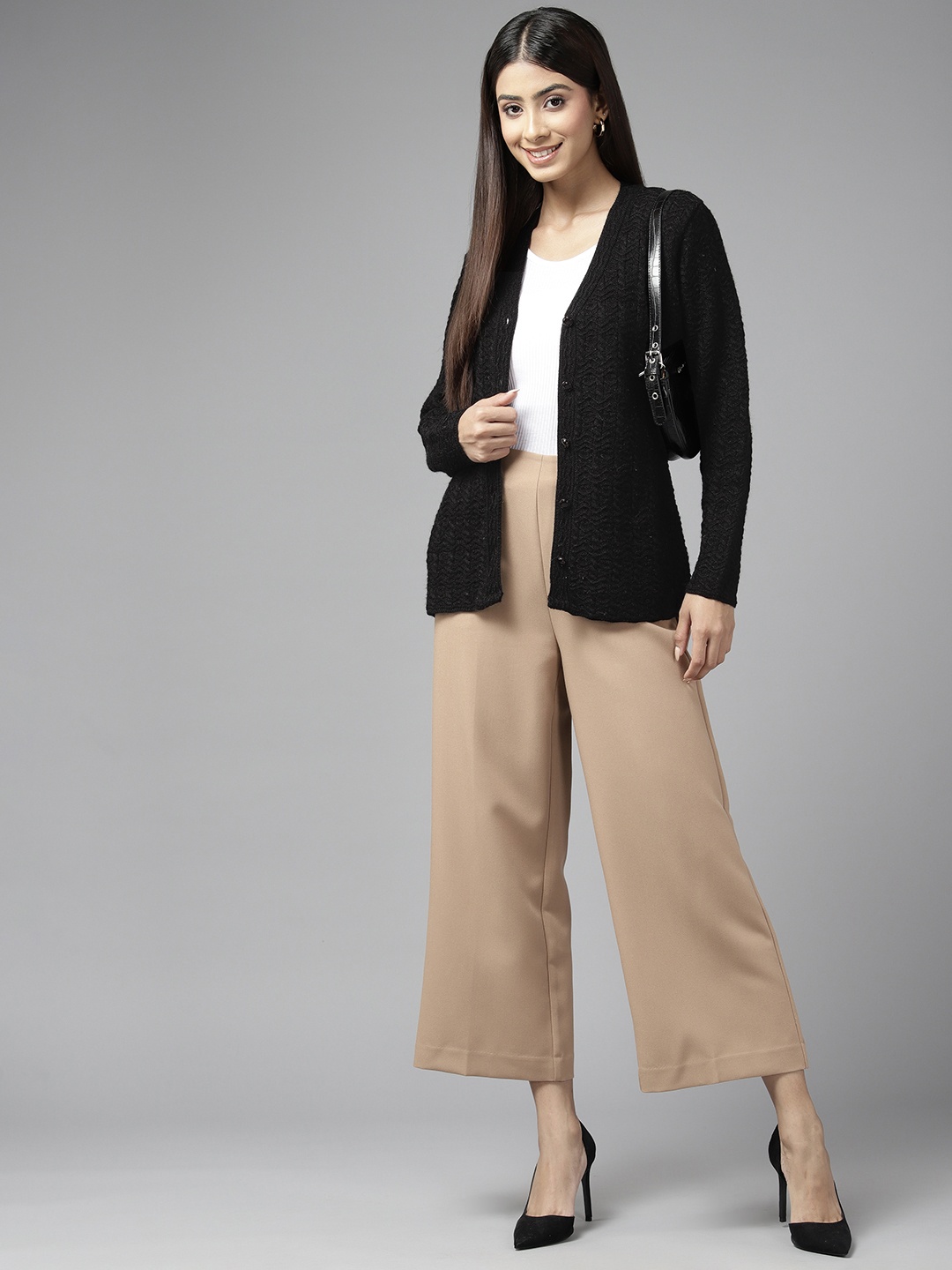 

Cayman Women Cable Knit Woollen Cardigan, Black