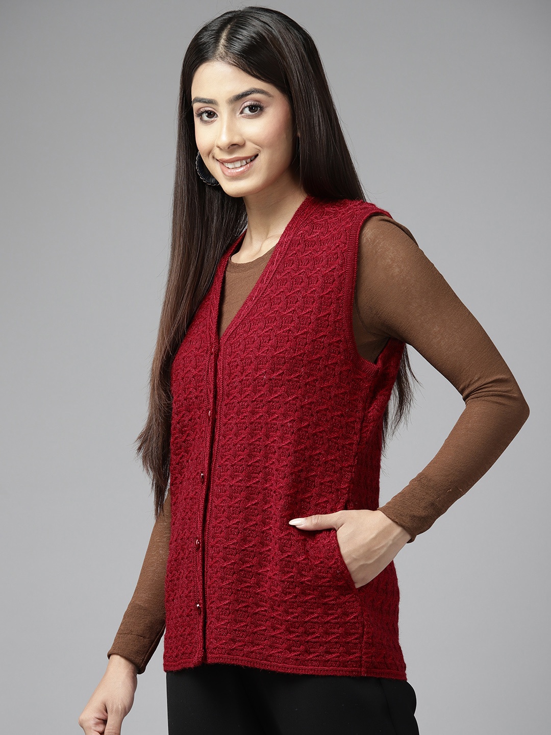

Cayman Women Cable Knit Woollen Cardigan, Red
