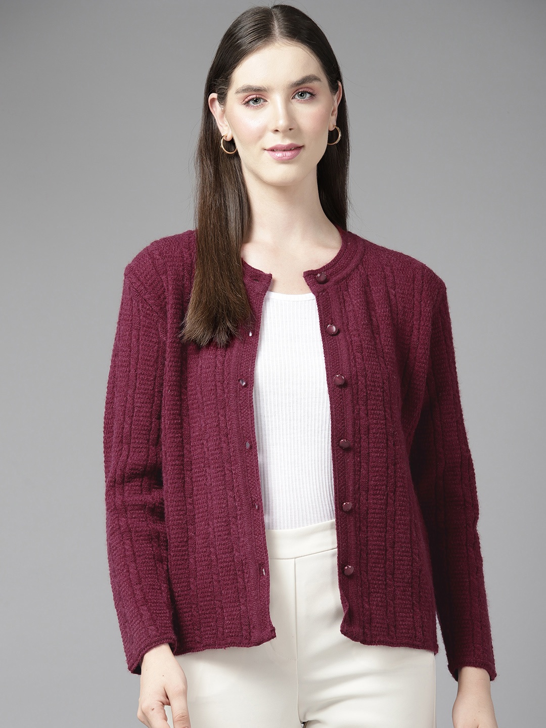 

Cayman Women Cable Knit Woollen Cardigan, Maroon