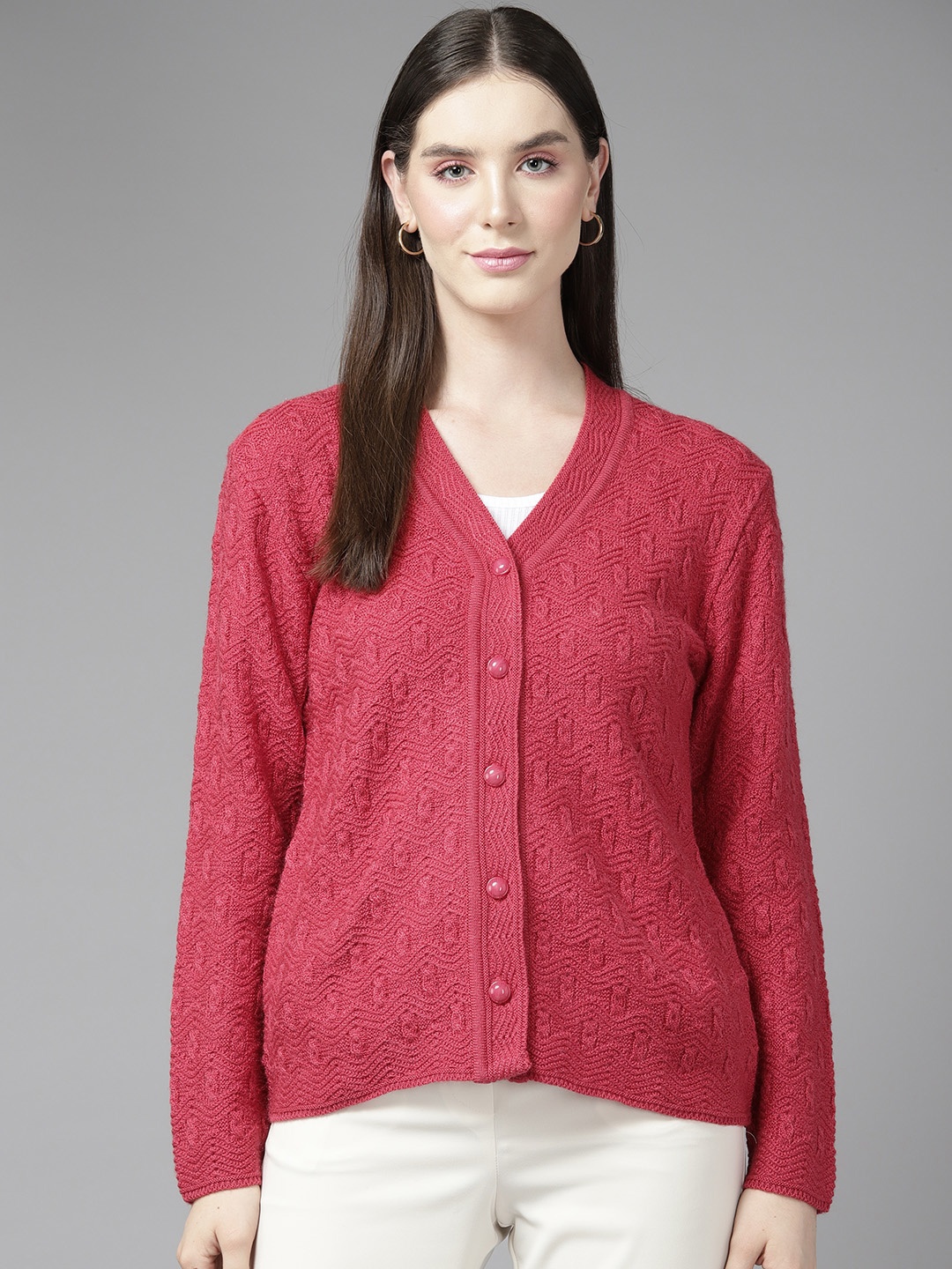 

Cayman Women Cable Knit Woollen Cardigan, Red