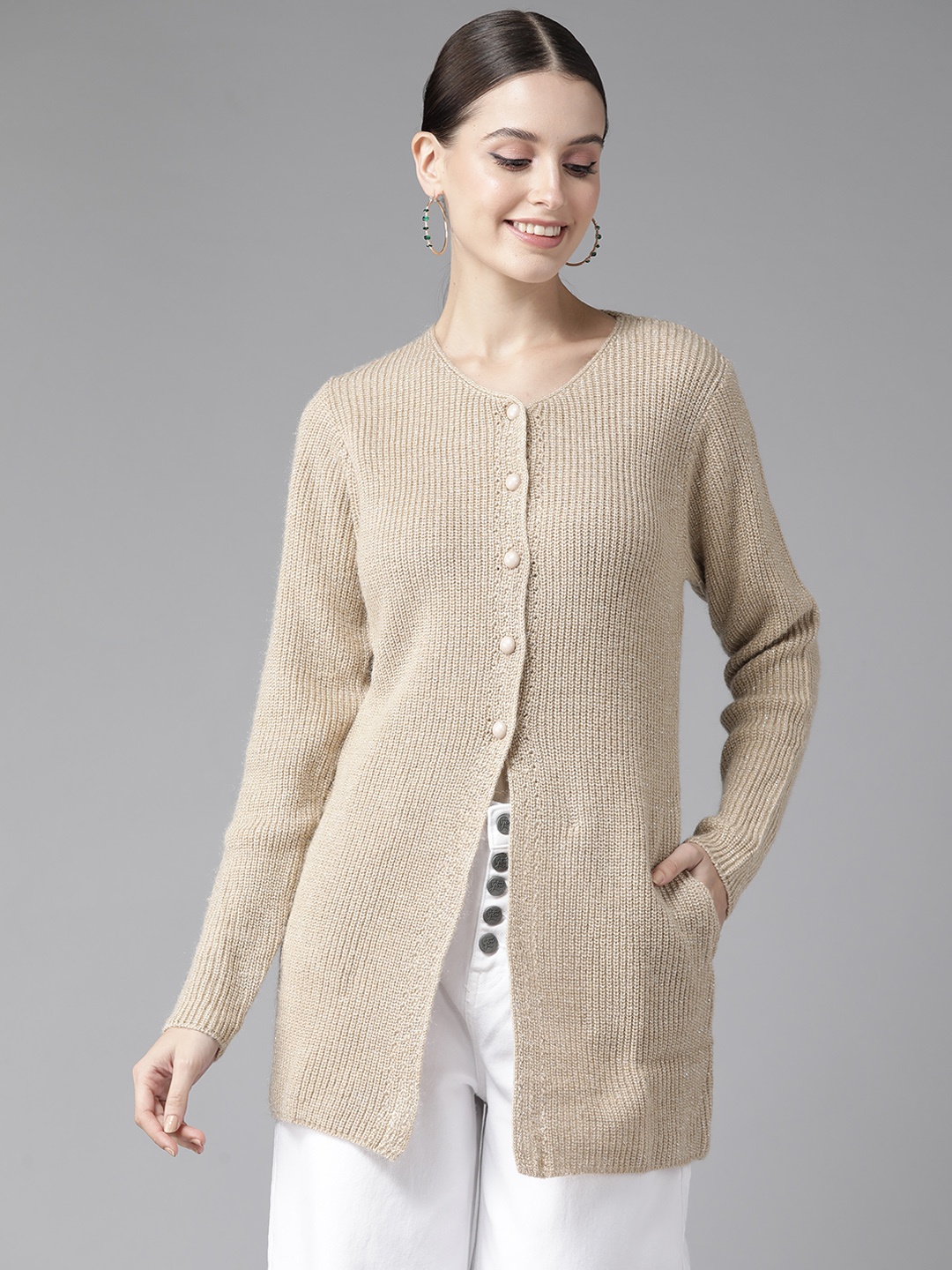 

Cayman Women Striped Woollen Longline Cardigan, Beige