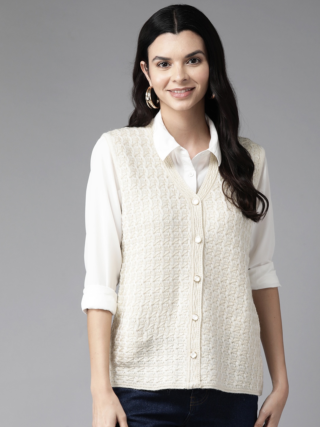 

Cayman Women Cable Knit Woollen Cardigan, Cream