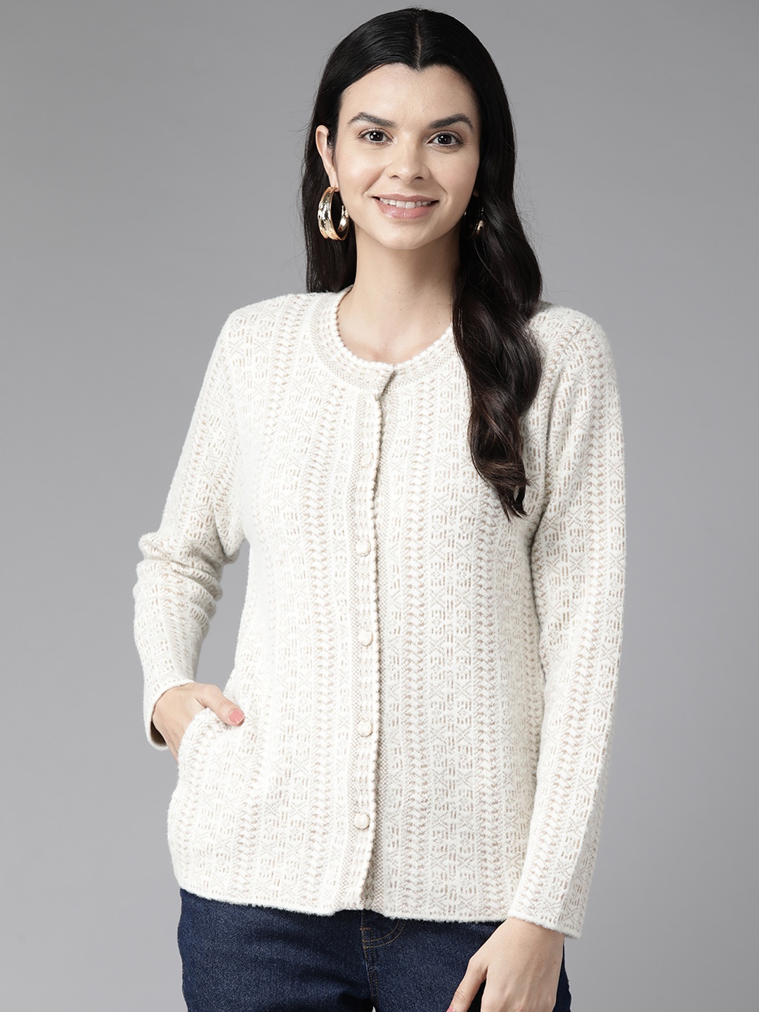 

Cayman Women Cable Knit Woollen Cardigan, Beige