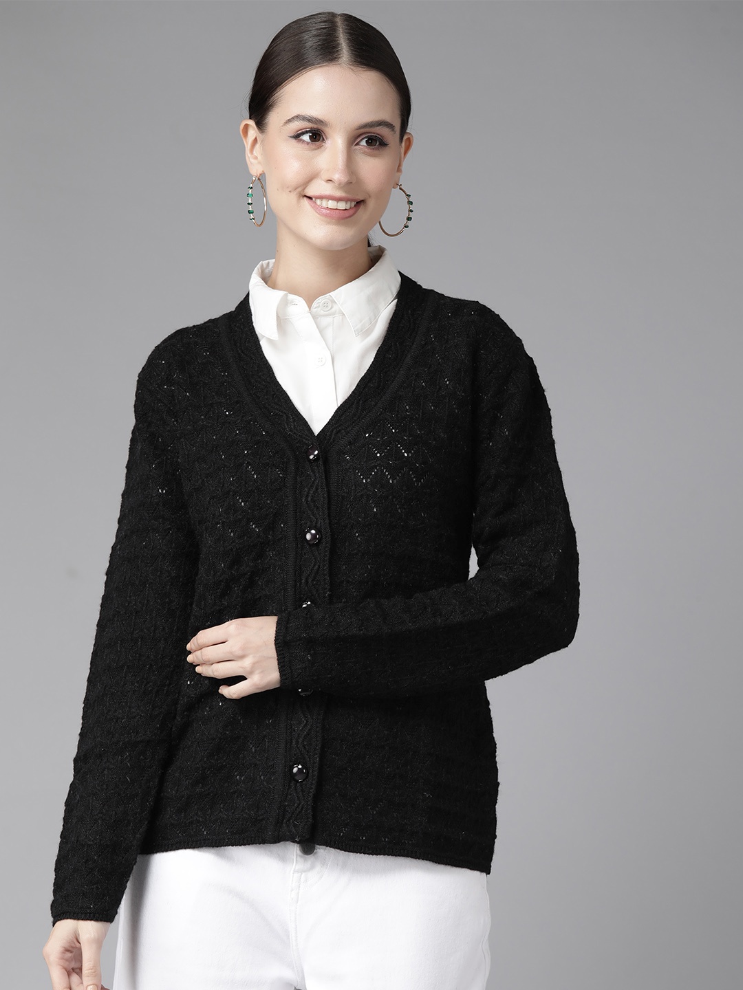 

Cayman Women Cable Knit Woollen Cardigan, Black