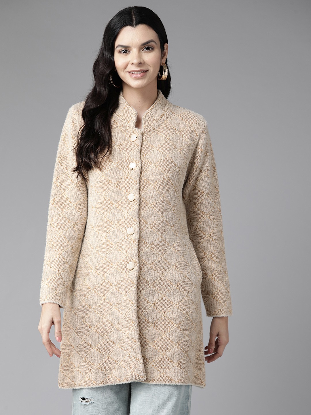 

Cayman Women Woollen Longline Cardigan, Camel brown
